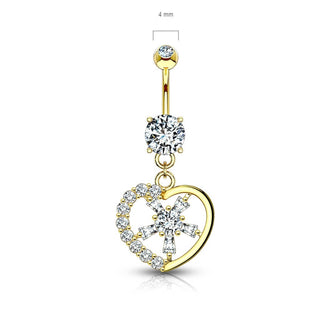 Or 14kt Piercing Nombril Pendentif Cœur Zircone