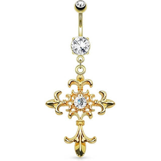 Piercing Nombril Pendentif Croix De Lys Zircone Or