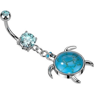 Piercing Nombril Pendentif Tortue Pierre Semi-Précieuse Turquoise Argent Zircone