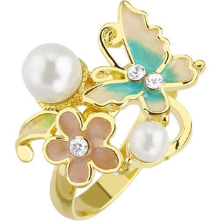 Anneau Perles Fleure Papillon Or Ajustable