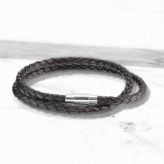 Bracelet Double Rangée Tressée Marron Fermoir Argent Aimant