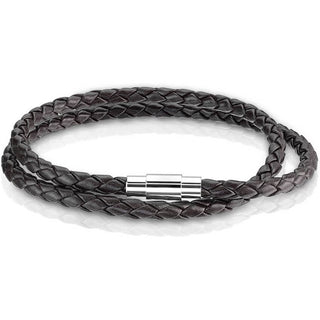 Bracelet Double Rangée Tressée Marron Fermoir Argent Aimant