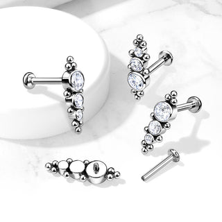 Titane Labret 3 Zircones Plates Argent Filetage Interne