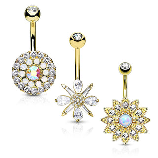 Piercing Nombril Fleurs Zircone Opale Or, 3 morceaux