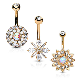 Piercing Nombril Fleurs Zircone Opale Or, 3 morceaux