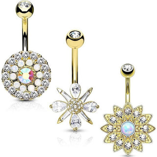 Piercing Nombril Fleurs Zircone Opale Or, 3 morceaux