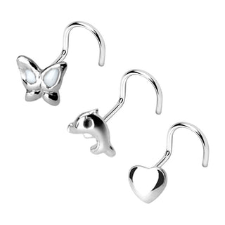 Argent 925 Nez  Vis Pack Papillon Cœur Dauphin Argent, 3 morceaux
