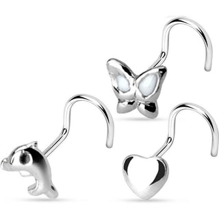 Argent 925 Nez  Vis Pack Papillon Cœur Dauphin Argent, 3 morceaux