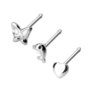 Argent 925 Nez Clou à Nez Pack Papillon Cœur Dauphin Argent, 3 morceaux