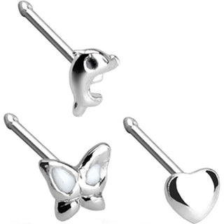 Argent 925 Nez Clou à Nez Pack Papillon Cœur Dauphin Argent, 3 morceaux