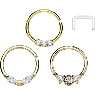 Septum Pack Anneau de Maintien Zircone Or Pliable, 3 morceaux