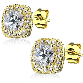 Stud Earring 316L Ear Studs Large Round Cubic Zirconia Center Cubic Zirconia Paved Outlined Square 1 Pair