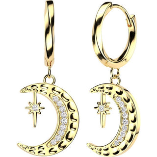 Earring Crescent Moon and Star Dangle with Cubic Zirconia 1 Pair