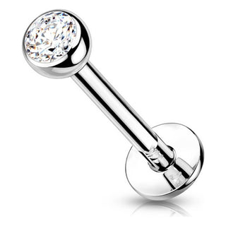 Solid Gold 14 Carat Labret Ball Flat Zirconia Push-In