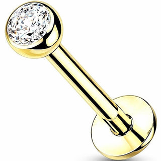 Solid Gold 14 Carat Labret Ball Flat Zirconia Push-In
