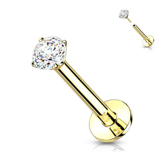 Solid Gold 14 Carat Labret Round Zirconia Push-In