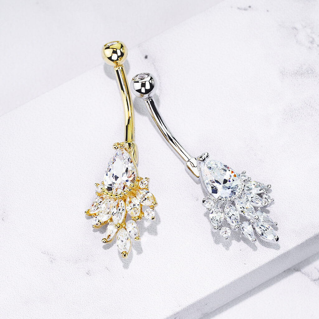 Piercing Nombril ZS 14G Acier Inoxydable - Barre Incurvée Avec Zircone Cubique Inversée, Argenté/doré