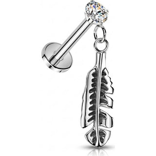 Labret prong setting cubic zirconia and feather dangle Push-In