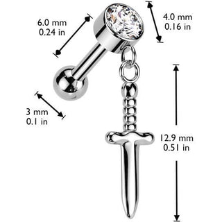 Titanium Barbell Dagger Zirconia Dangle Push-In