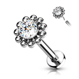 Titanium Labret Flower Zirconia Silver Push-In