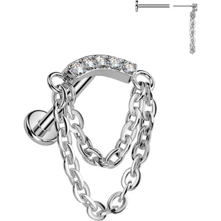 Titanium Labret Pave Cubic Zirconia Curve Double Chain Dangle Push-In