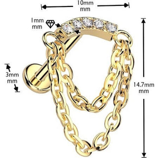 Titanium Labret Pave Cubic Zirconia Curve Double Chain Dangle Push-In