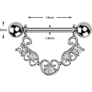 Nipple Piercing heart filigree multi cubic zirconia dangle prong setting
