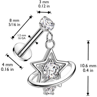 Labret Star Saturn Zirconia Internally Threaded