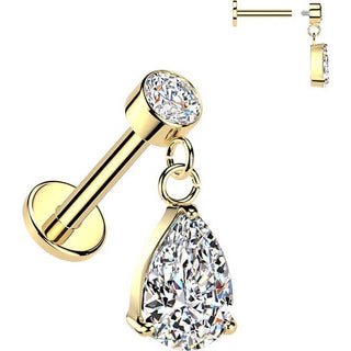 Labret pear cubic zirconia dangle bezel setting Internally Threaded