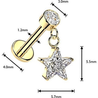 Labret star cubic zirconia dangle bezel setting Internally Threaded