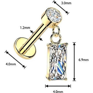 Labret rectangle cubic zirconia dangle bezel setting Internally Threaded
