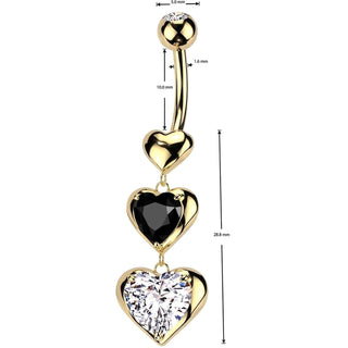 Belly Button Piercing 3 hearts dangle zirconia