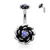 Piercing Nombril Fleur Opale Noir Filetage Interne