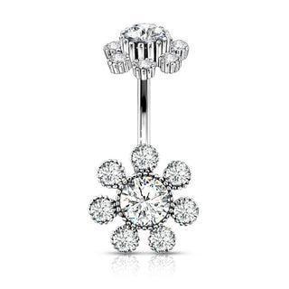 Piercing Nombril Fleur Zircone Argent Filetage Interne