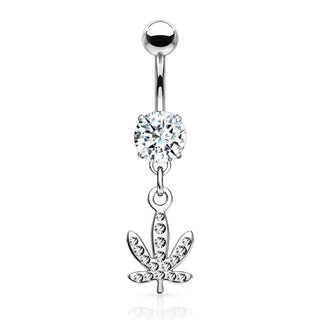 Piercing Nombril Pendentif Feuille De Chanvre Zircone Argent