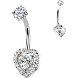 Belly Button Piercing prong set heart and pave cubic zirconia Internally Threaded