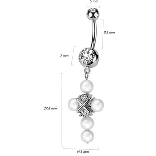 Piercing Nombril Pendentif Croix Perle Zircone