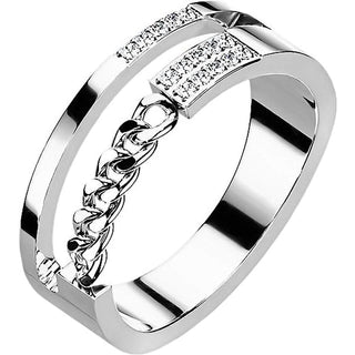 Finger Ring 316L Ring Pave Cubic Zirconia Double Line with Chain