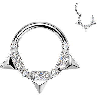 Titanium Ring triple spikes baguette and round cubic zirconia Clicker