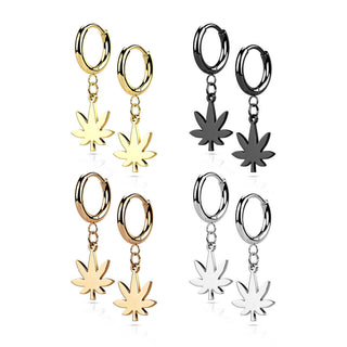 Earring 316L Hinged Hoop Earring Pot Leaf Dangle 1 Pair Clicker