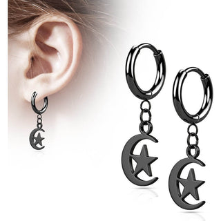 Earring 316L Hinged Hoop Earring Moon and Star Dangle 1 Pair Clicker