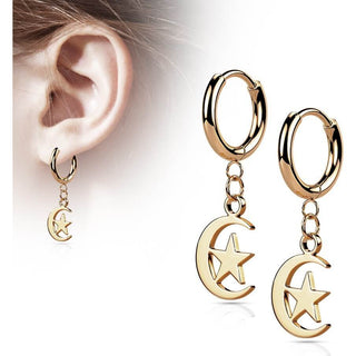 Earring 316L Hinged Hoop Earring Moon and Star Dangle 1 Pair Clicker