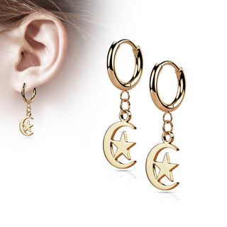 Earring 316L Hinged Hoop Earring Moon and Star Dangle 1 Pair Clicker