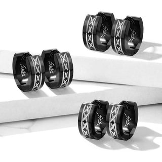 Earring 316L Black Hinged Wide Hoop Earrings with Dia Cut and Grooved Center 1 Pair Clicker