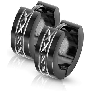 Earring 316L Black Hinged Wide Hoop Earrings with Dia Cut and Grooved Center 1 Pair Clicker