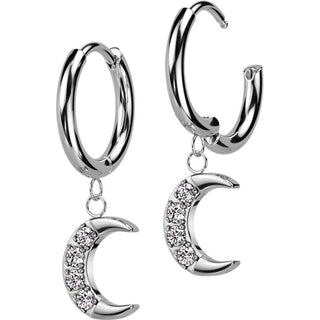 Earring 316L Hinged Hoop Earrings CNC Cubic Zirconia Crescent Moon Dangle 1 Pair Clicker
