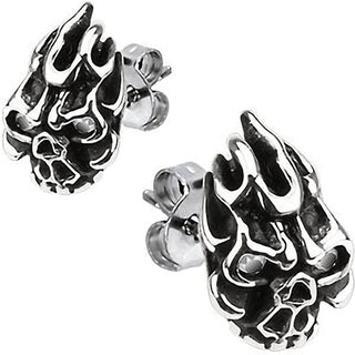 Stud Earring 316L Stud Earring Flaming Demon Skull Clear Cubic Zirconia Eyes 1 Pair