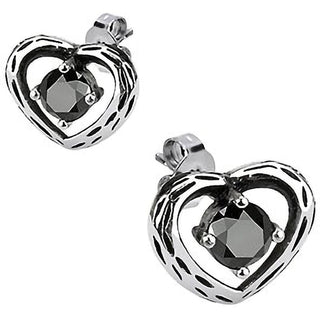 Stud Earring 316L Stud Earring Vintage Casted Heart Black Cubic Zirconia 1 Pair