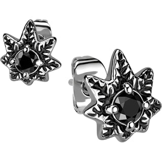 Stud Earring 316L Stud Earring Black Cubic Zirconia Pot Leaf 1 Pair