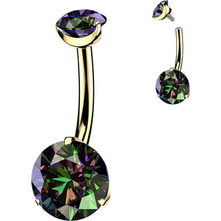 Titanium Belly Button Piercing gold prong set double cubic zirconia Internally Threaded